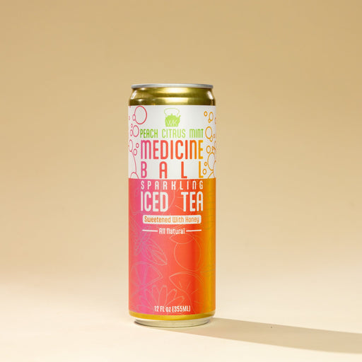 Can of Medicine Ball Sparkling Iced Tea on a beige background