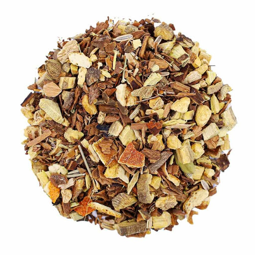 Top mound shot of The Whistling Kettle Anti-Strain tea with Cinnamon, Licorice Root, Ginger, Fennel, Orange Peel, and Cardamom pieces.