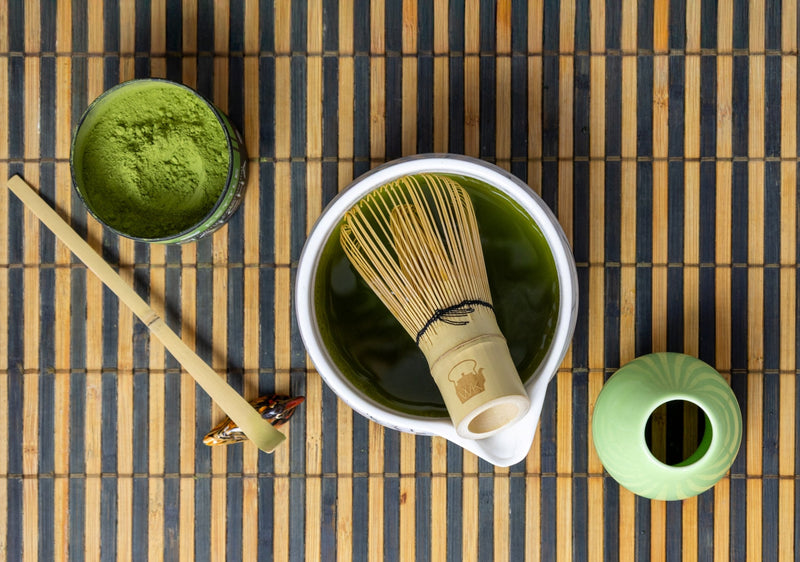 Iced and hot blue and green matcha lattes, smoothie and hot chocolate