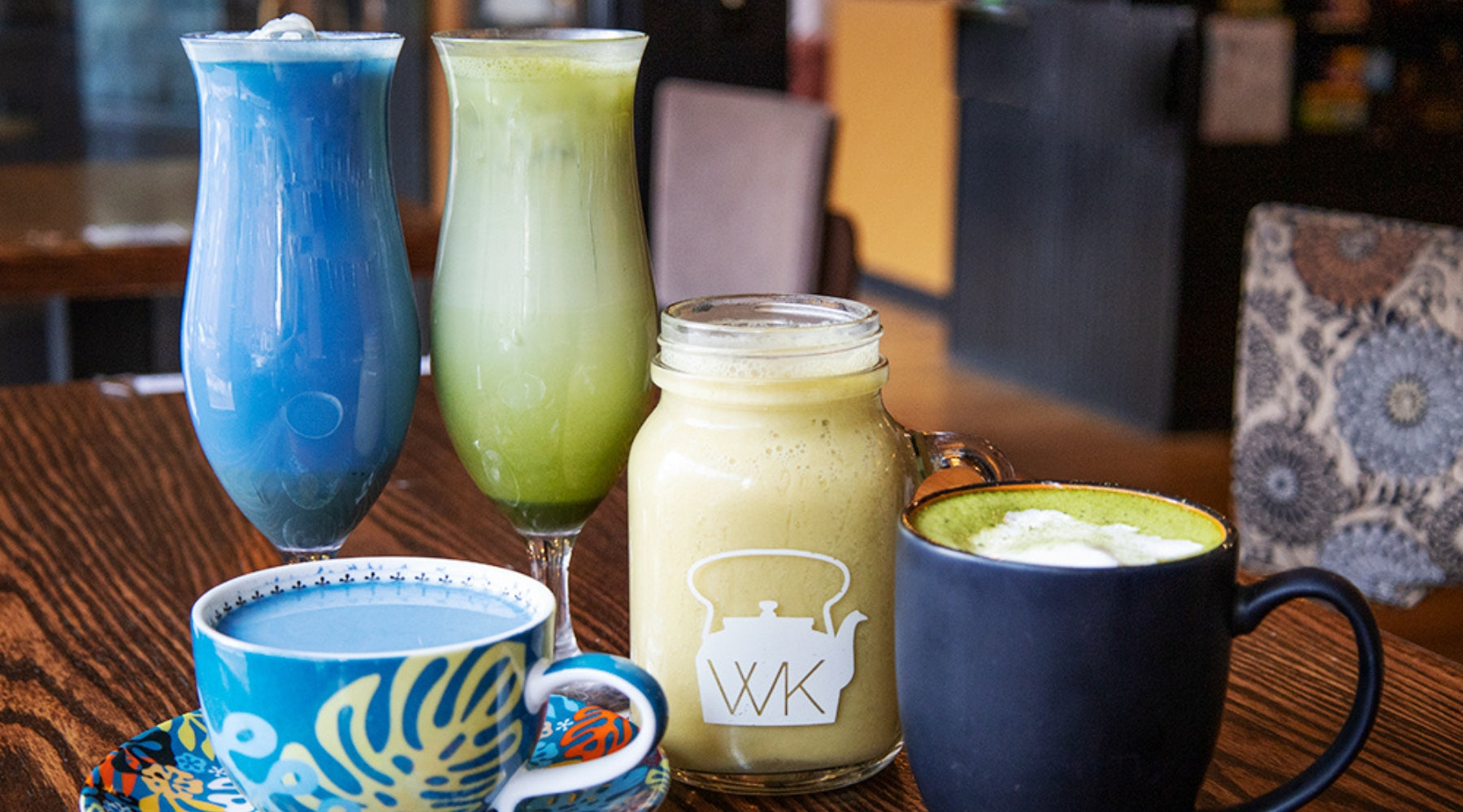 Iced and hot blue and green matcha lattes, smoothie and hot chocolate