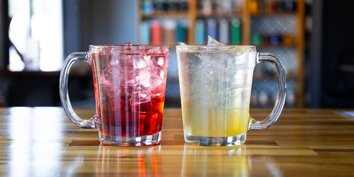 Hibiscus tea soda and green tea soda side by side