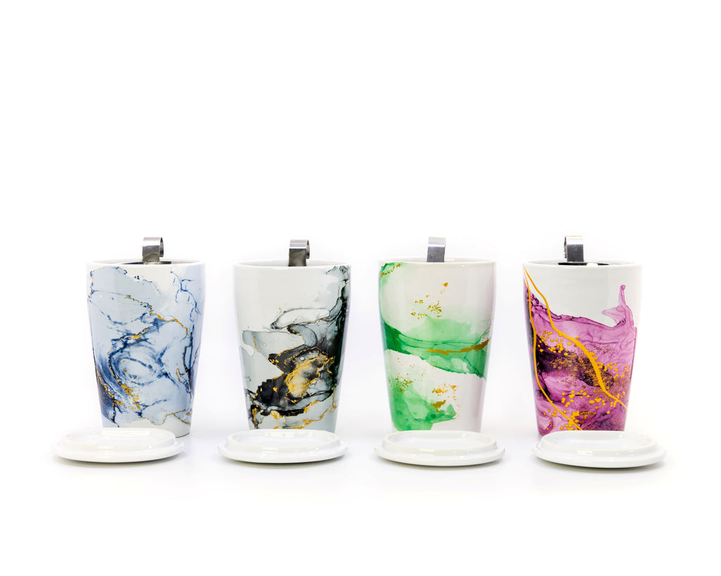 The Whistling Kettle Tea Merch 12oz Double Walled Porcelain Travel Cup with Stainless Steel Infuser - Sapphire, Graphite, Jade, and Ruby