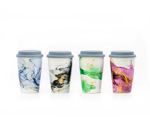 The Whistling Kettle Tea Merch 12oz Double Walled Porcelain Travel Cup with Stainless Steel Infuser - Sapphire, Graphite, Jade, and Ruby