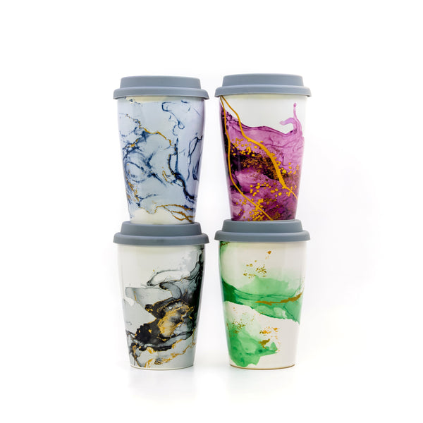 The Whistling Kettle Tea Merch 12oz Double Walled Porcelain Travel Cup with Stainless Steel Infuser - Sapphire, Graphite, Jade, and Ruby