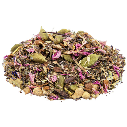 Side mound picture of The Whistling Kettle Belly Buddy tea with cardamom, ginger, fennel and cornflower petals.