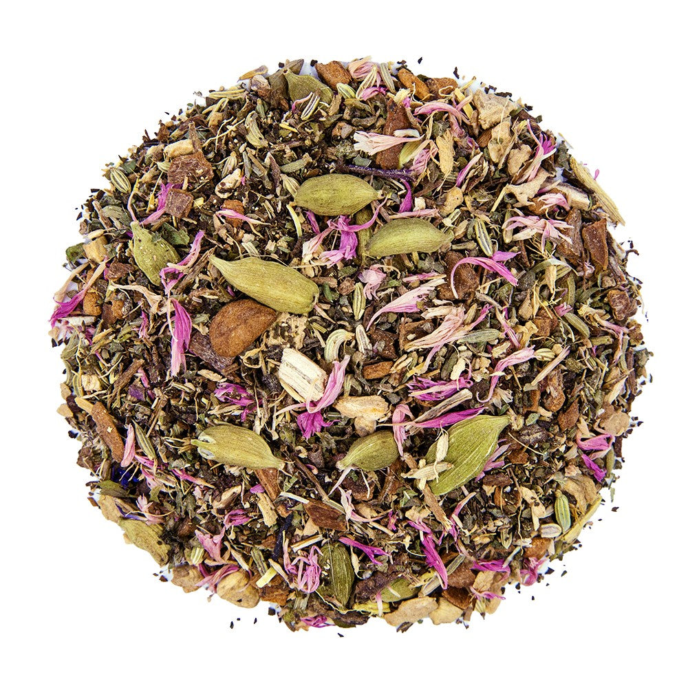 Top mound picture of The Whistling Kettle Belly Buddy tea with cardamom, ginger, fennel and cornflower petals.
