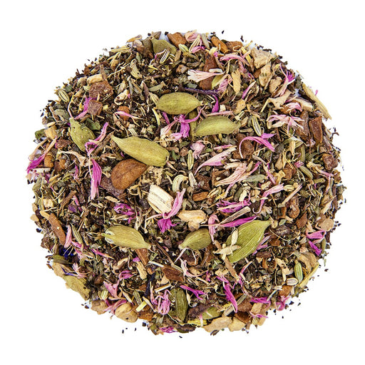 Top mound picture of The Whistling Kettle Belly Buddy tea with cardamom, ginger, fennel and cornflower petals.