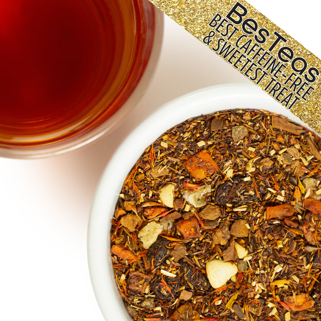 loose leaf carrot cake tea next to a brewed cup with besteas logo "best caffeine-free and sweetest treat"