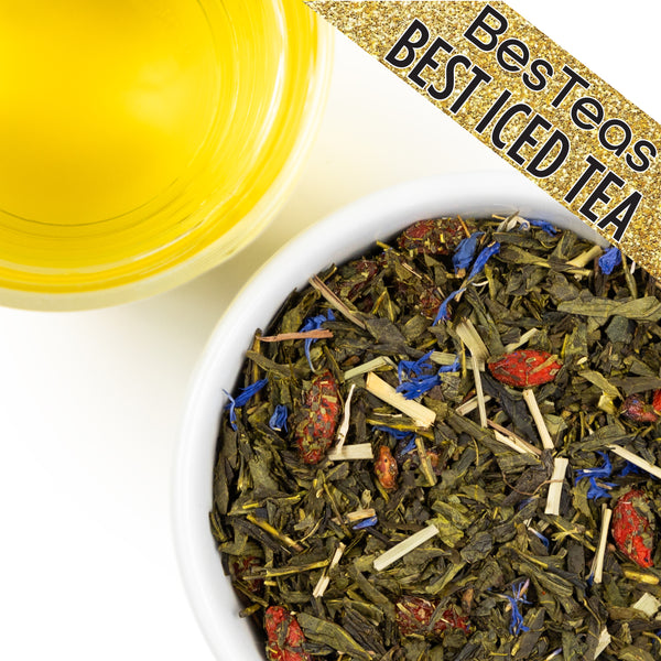 loose leaf gojiberry tea next to a brewed cup with besteas logo "best iced tea"