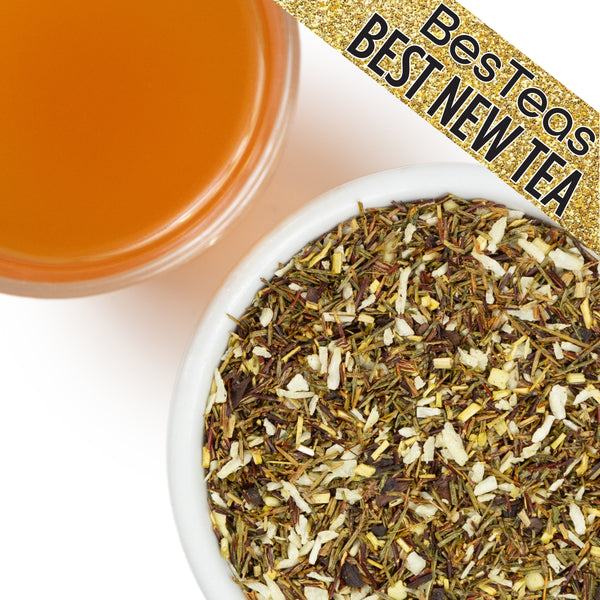 loose leaf pistachio white chocolate tea next to a brewed cup with besteas logo "best new tea"