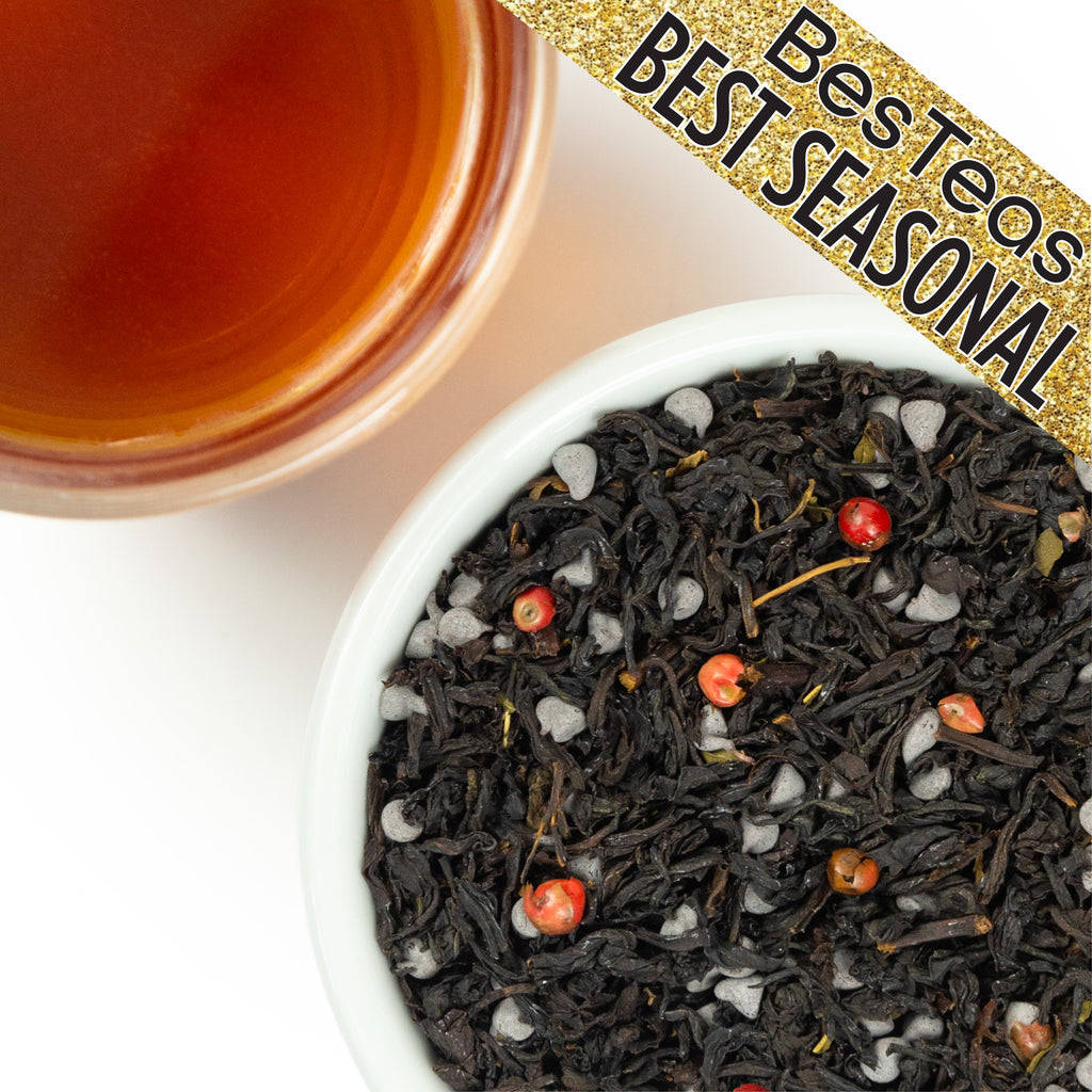loose leaf winter dream tea next to a brewed cup with besteas logo "best seasonal"