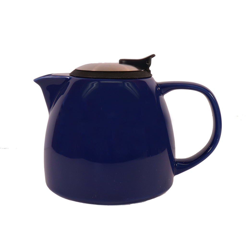 Marine blue ceramic teapot with stainless steel lid on a white background
