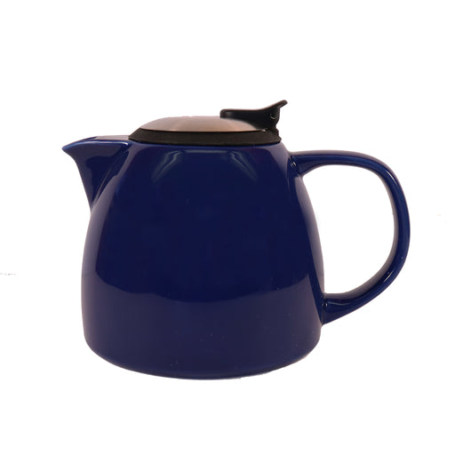Marine blue ceramic teapot with stainless steel lid on a white background