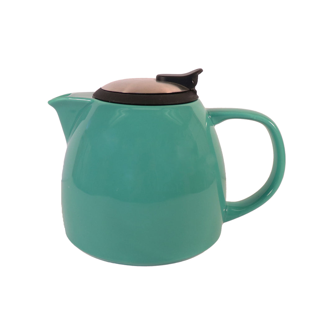 Turquoise ceramic teapot with stainless steel lid on a white background