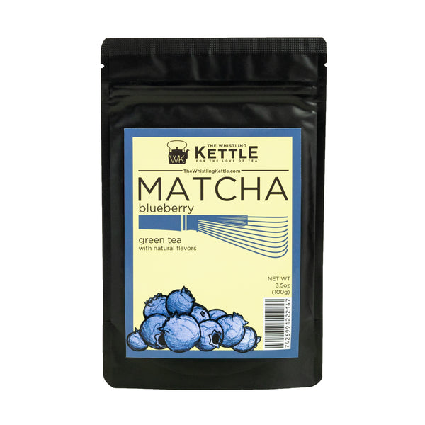The Whistling Kettle Matcha Blueberry green tea in a 3.5 oz resealable pouch featuring ceremonial matcha with blueberry