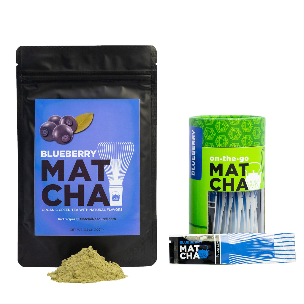3.5 oz bag of organic, naturally flavored blueberry matcha next to a canister of blueberry matcha sachets.