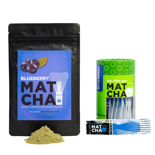 3.5 oz bag of organic, naturally flavored blueberry matcha next to a canister of blueberry matcha sachets.