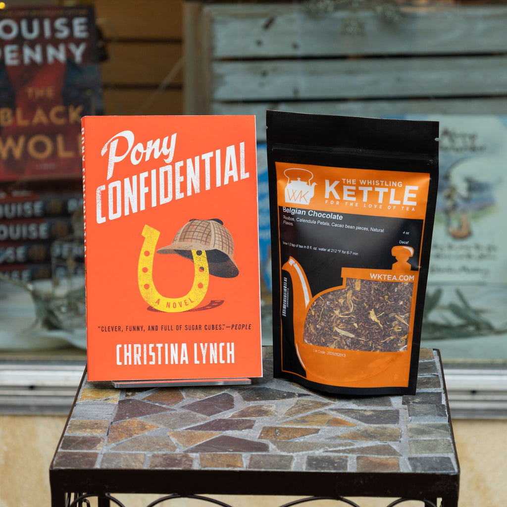pony confidential book next to belgian chocolate rooibos loose leaf tea