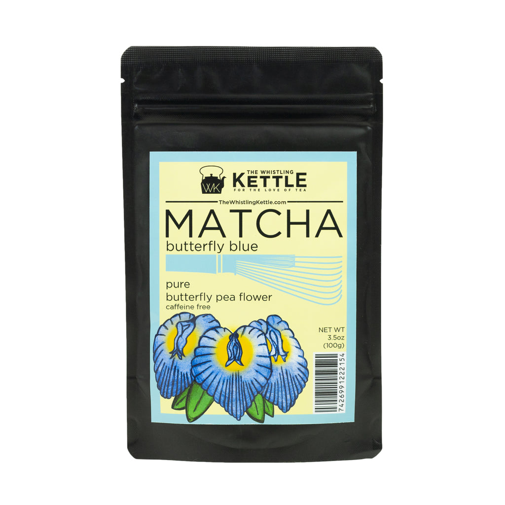 The Whistling Kettle Matcha Butterfly Pea Flower green tea in a 3.5 oz resealable pouch featuring ceremonial matcha with butterfly pea flower