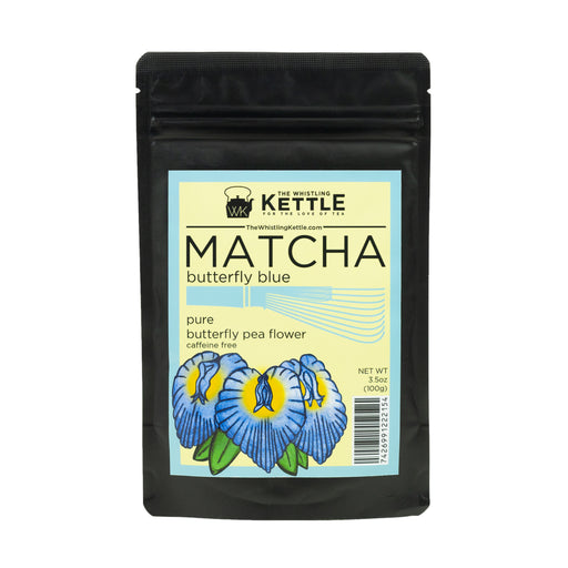 The Whistling Kettle Matcha Butterfly Pea Flower green tea in a 3.5 oz resealable pouch featuring ceremonial matcha with butterfly pea flower