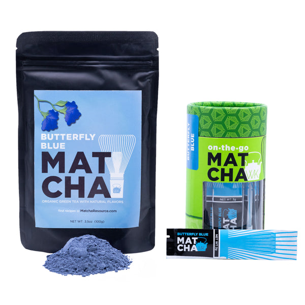 3.5 oz bag of organic, naturally flavored butterfly blue matcha next to a canister of butterfly blue matcha sachets.
