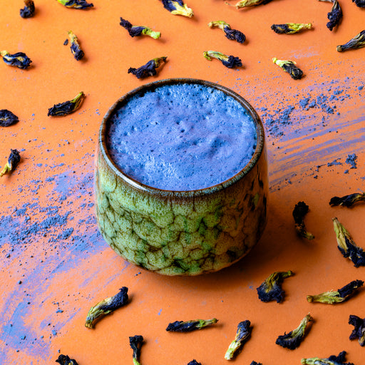 Butterfly Blue Matcha latte topped with blue foam, surrounded by dried butterfly pea flowers on an orange surface