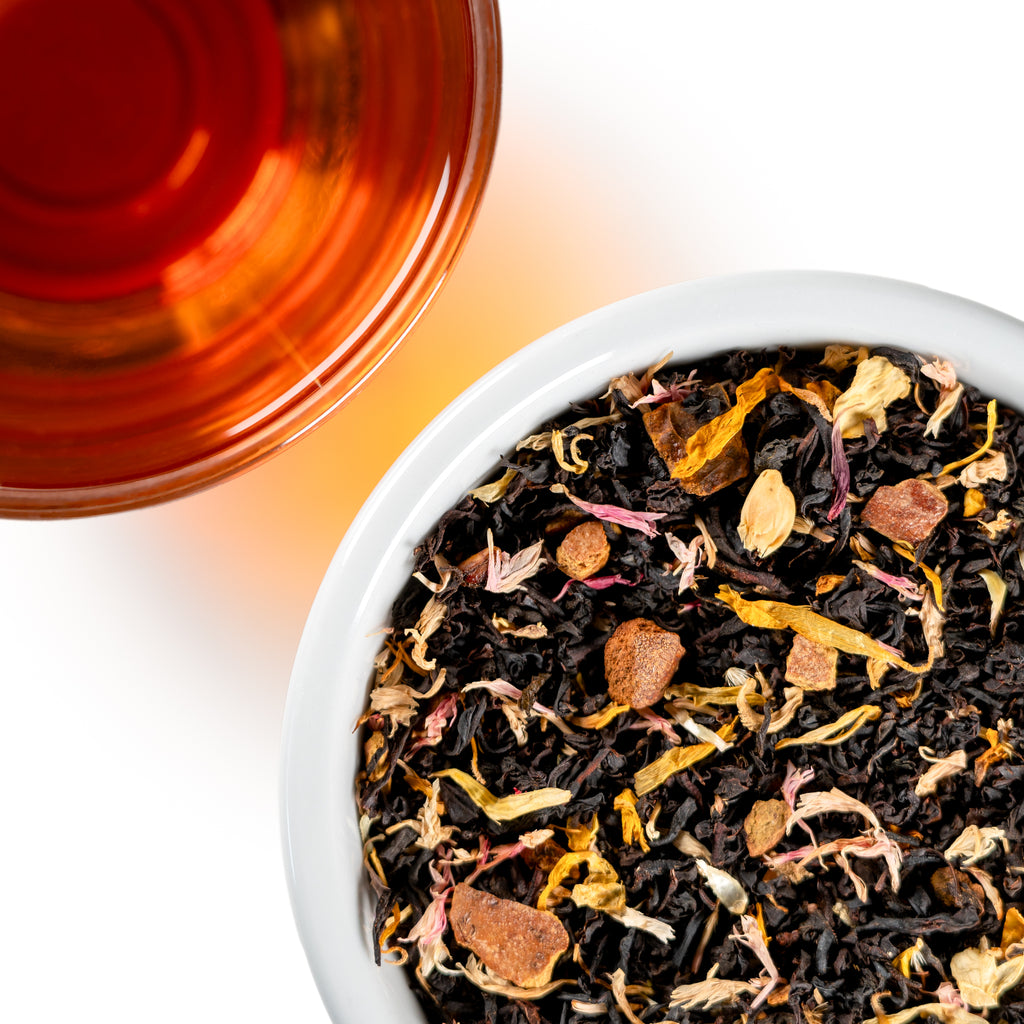 Overhead view of Caramel Toffee black tea with petals and toffee pieces
