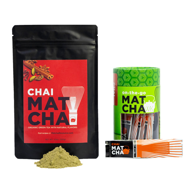 3.5 oz bag of organic, naturally flavored matcha next to a canister of chai matcha sachets.