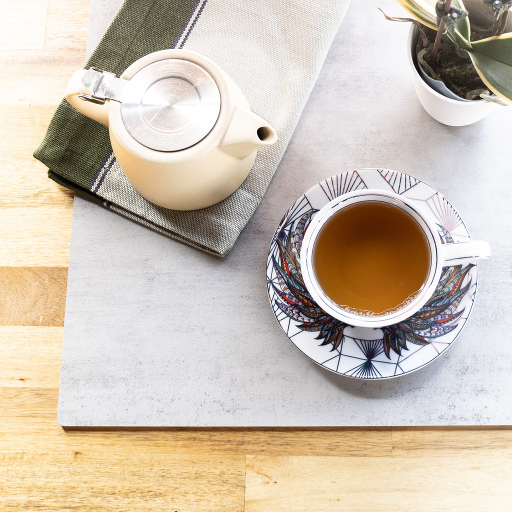 Cup & Saucer set filled with brewed Cherry Zen.