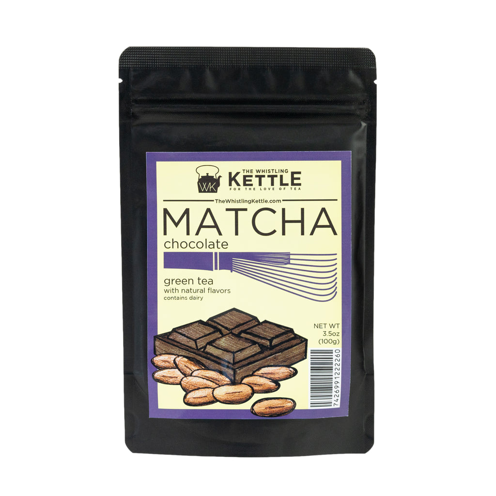 The Whistling Kettle Matcha Chocolate green tea in a 3.5 oz resealable pouch featuring ceremonial matcha with chocolate 