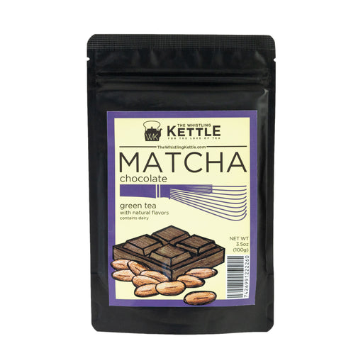 The Whistling Kettle Matcha Chocolate green tea in a 3.5 oz resealable pouch featuring ceremonial matcha with chocolate 
