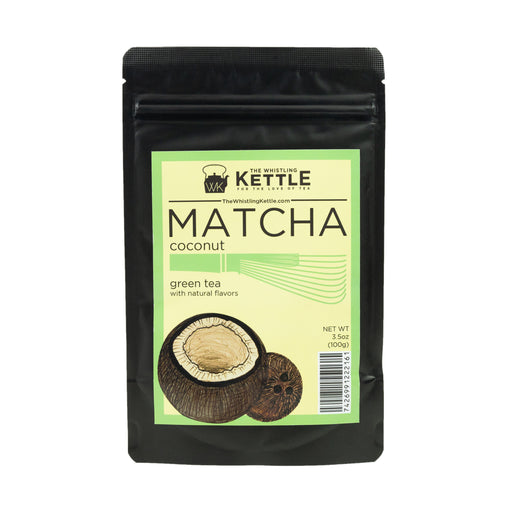 The Whistling Kettle Matcha Coconut green tea in a 3.5 oz resealable pouch featuring ceremonial matcha with coconut