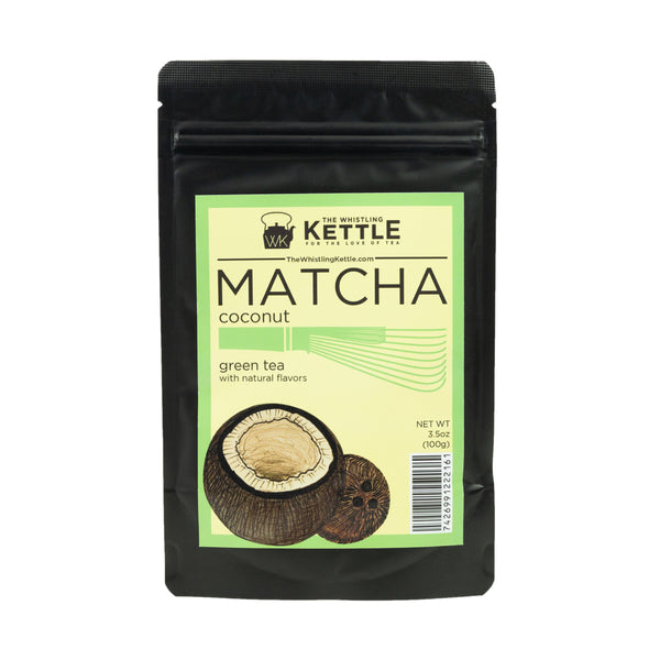 The Whistling Kettle Matcha Coconut green tea in a 3.5 oz resealable pouch featuring ceremonial matcha with coconut