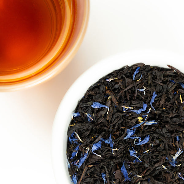 A top-down view of Earl Grey Cream loose leaf tea from The Whistling Kettle