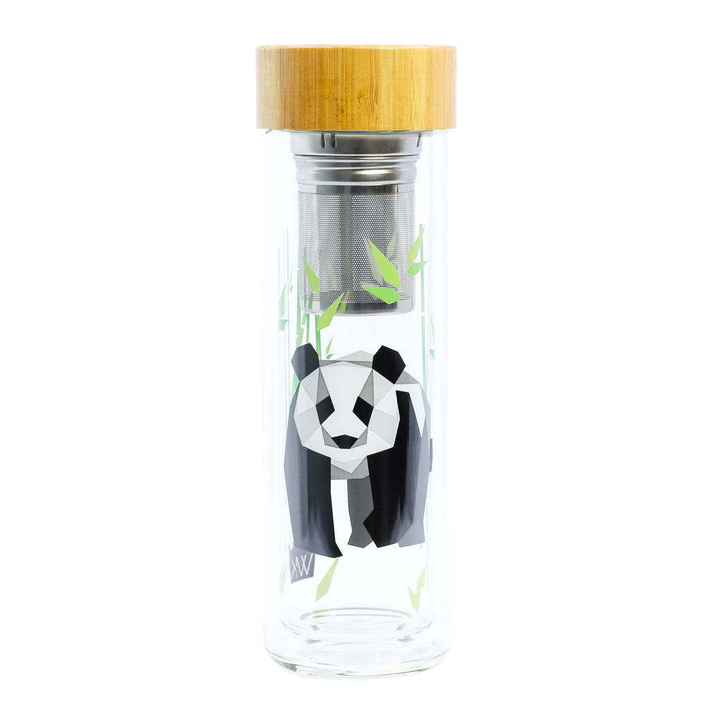 The Whistling Kettle Tea Merch 16oz Double Wall Glass Tea Tumblers with Sleeve - Panda Design