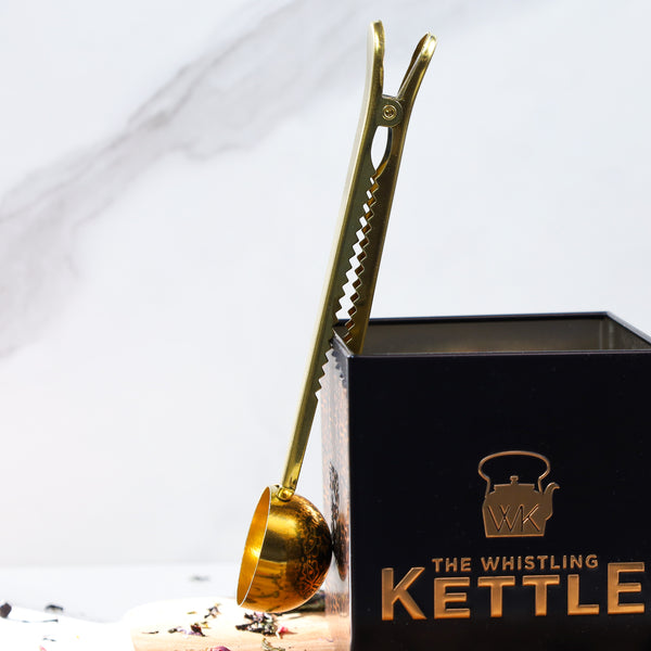 The Whistling Kettle Tea Merch Gold Tea Scoop with Clip