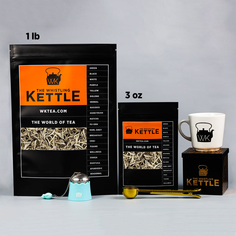 King of Silver Needles tea in 1lb and 3oz bags