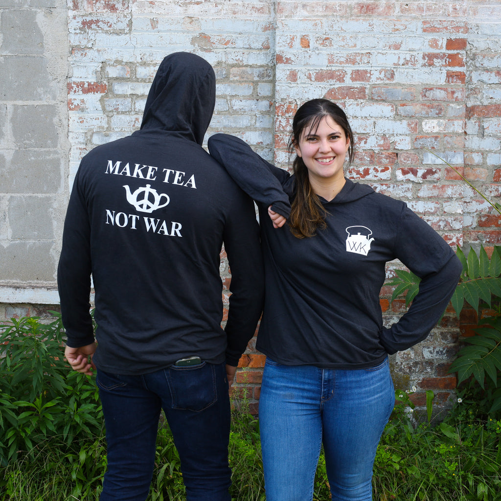 "Make Tea, Not War" - Long Sleeve Hooded T-Shirt, Front and Back