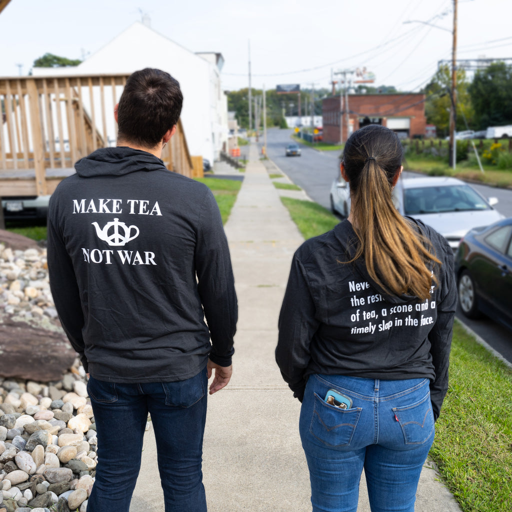 "Make Tea, Not War" - Long Sleeve Hooded T-Shirt, Back