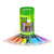 A green cylindrical package of on-the-go matcha sachets, with several individual colorful packets fanned out in front on a white background