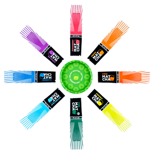 A circular arrangement of eight colorful matcha sachets on a white background, each surrounded with a black and white label indicating their flavor 