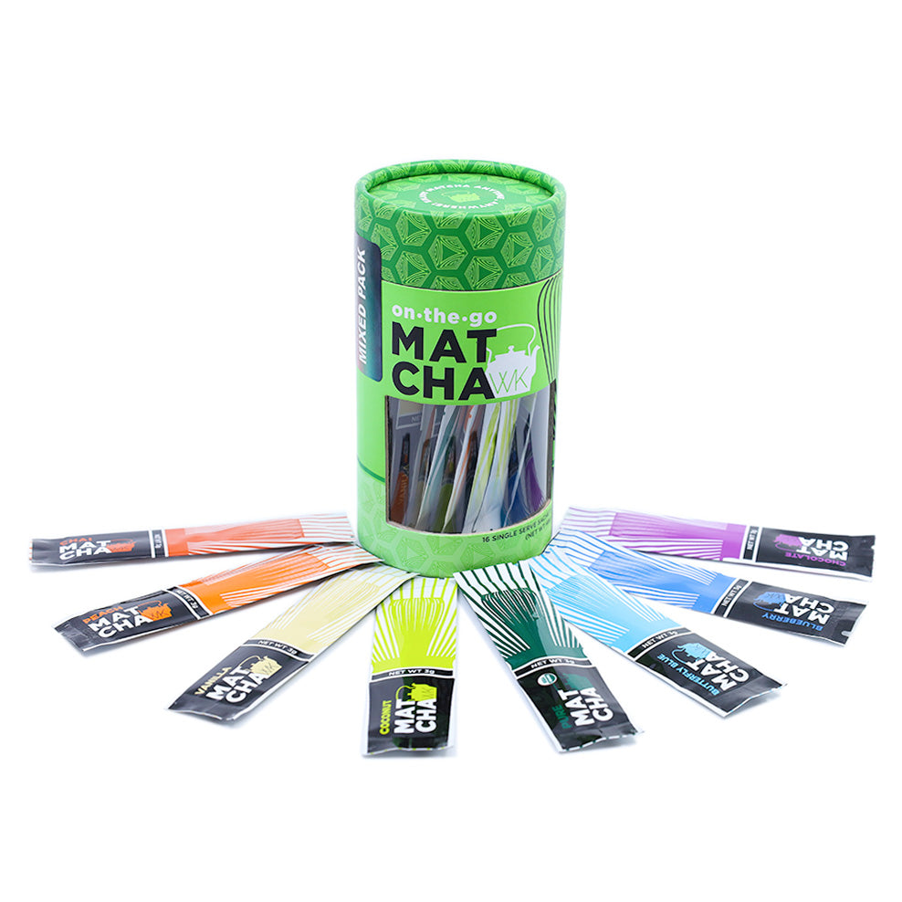 Matcha Variety Pack surrounded by sachets.