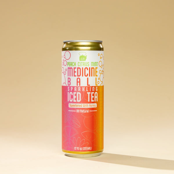 Can of Medicine Ball Sparkling Iced Tea on a beige background