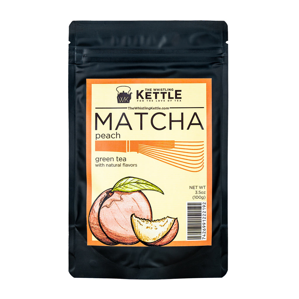 The Whistling Kettle Matcha Peach green tea in a 3.5 oz resealable pouch featuring ceremonial matcha with peach