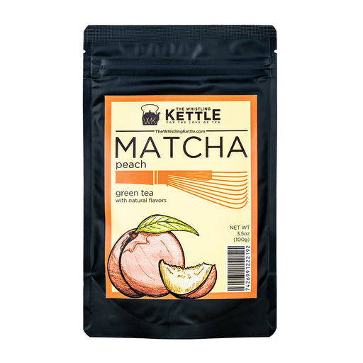 The Whistling Kettle Matcha Peach green tea in a 3.5 oz resealable pouch featuring ceremonial matcha with peach