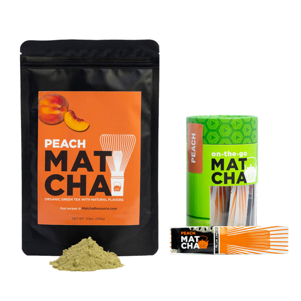 3.5 oz bag of organic naturally flavored peach matcha next to a canister of peach matcha sachets.