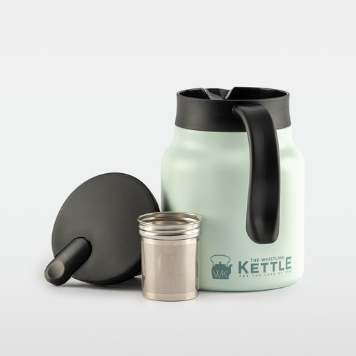 The Steep & Keep tea carafe with lid and stainless steel infuser displayed
