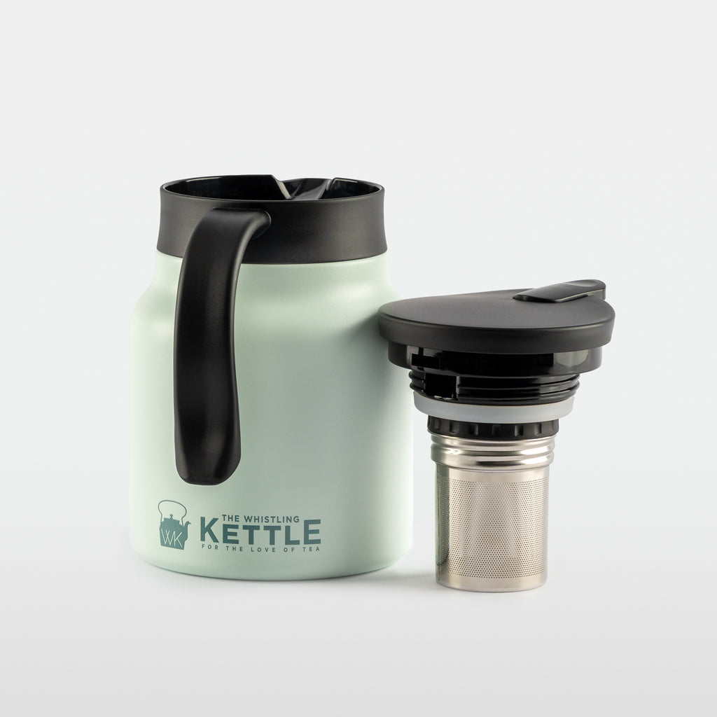 The Steep & Keep tea carafe with lid and stainless steel infuser displayed