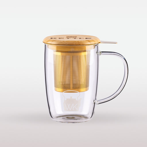 Sipster glass tea mug with bamboo lid and gold infuser