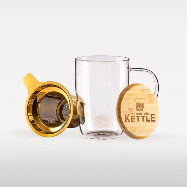 Sipster glass mug centered with infuser left and bamboo lid displayed right